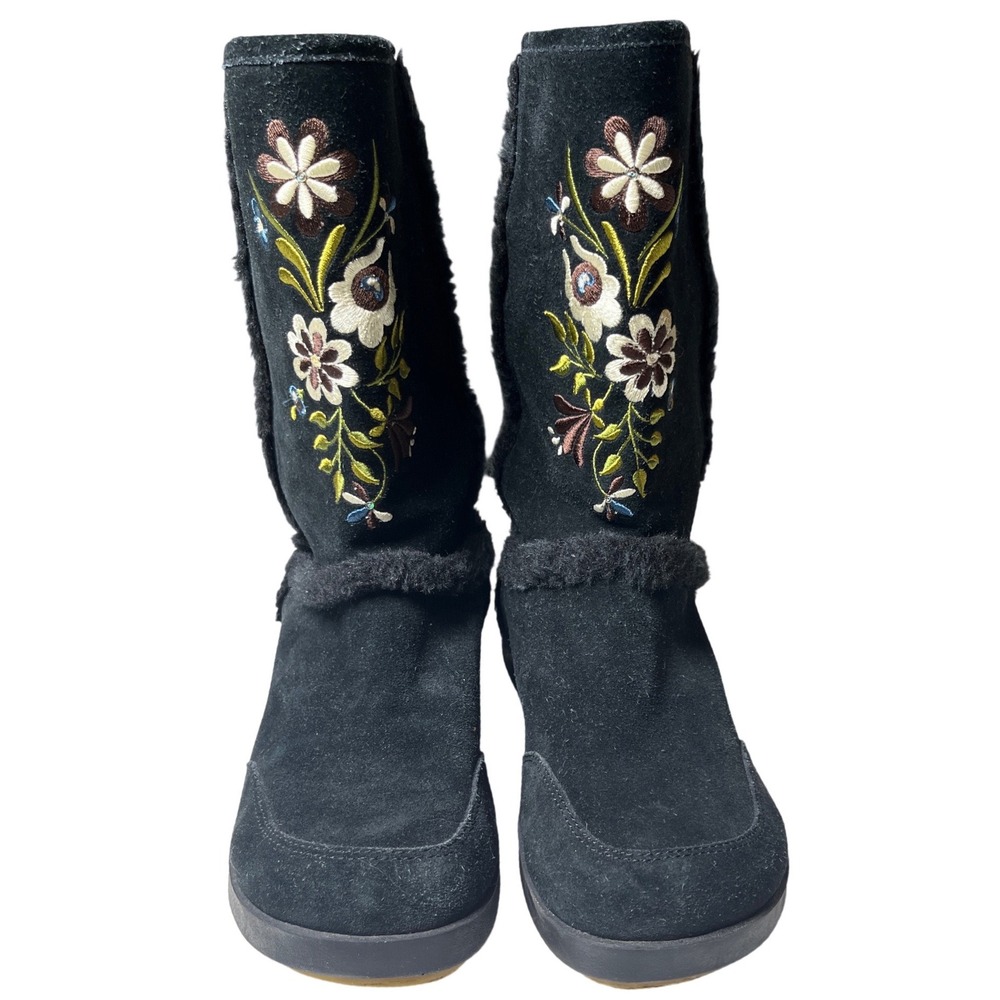 Nanuk Winter Boots Suede Faux Fur Embroidered Black Women 9 Boho Floral - Picture 2 of 10